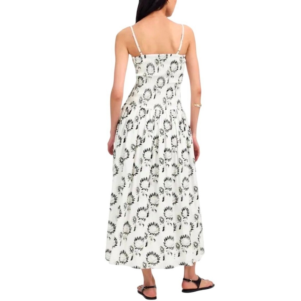 Madewell Women Large White Black Graphic Sunflower Floral Smocked Maxi Dress - Picture 2 of 11